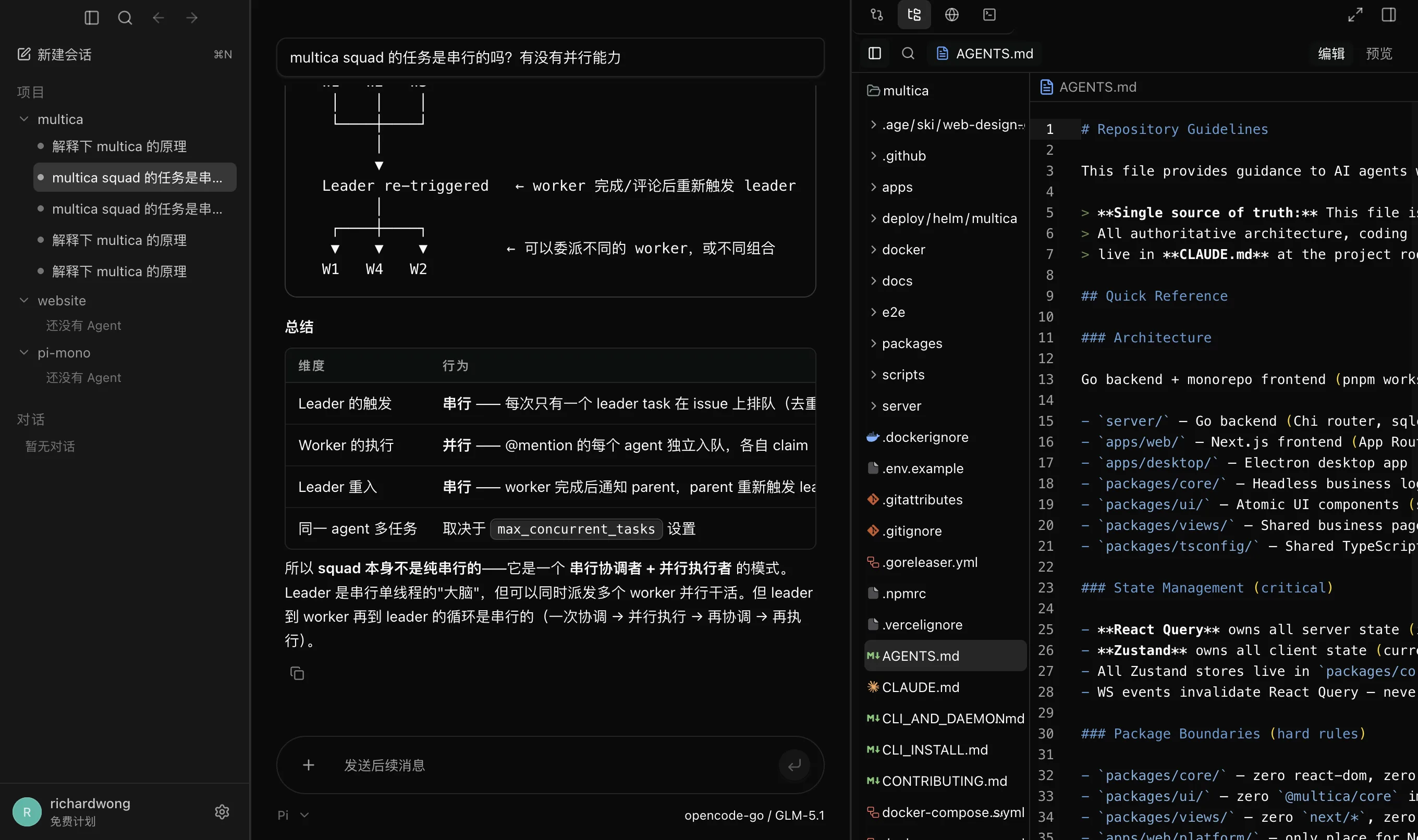 Cocurdex split workspace with chat on the left and a file explorer plus editor on the right